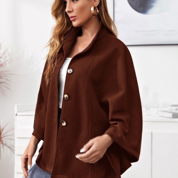 mock neck button cape pea coat cloak sleeve wine - Picture 3 of 10